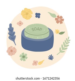 Zero waste. Organic, eco soap for skin care, use in the bathroom, on a floral background. Go green. Say no to plastic. Vector illustration. 