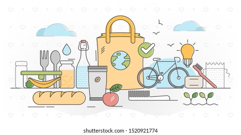 Zero waste outline concept vector illustration. Reduce packaging using reusable jars and bags to save earth environment and resource pollution. Organic ecological green lifestyle without garbage.
