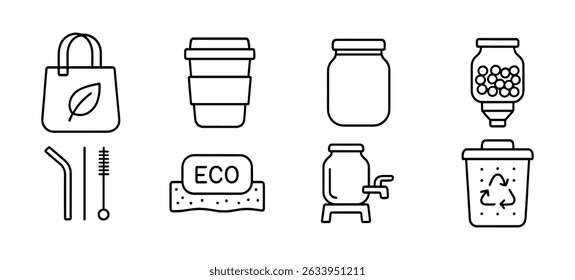 Zero waste outline icon set - eco-friendly, sustainable living symbols collection