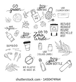 Zero Waste outline items and elements. Glass bottles, eco grocery bags, bamboo cutlery, toothbrush and brush, reusable cup. No plastic, go green illustration. 