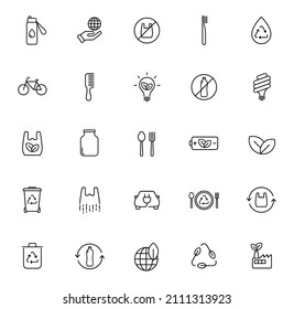 zero waste outline vector icons isolated on white background. zero waste icon set for web and ui design, mobile apps, print polygraphy and promo advertising business. zero waste eco friendly concept