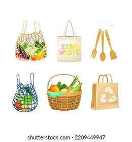 Zero waste packagings and shopping bags set. Eco life style without plastic concept vector illustration