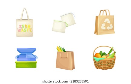 Zero Waste mit Papier Shopping Bag und Tote als alltägliches wiederverwendetes Objekt Vector Set
