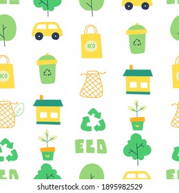 Zero waste pattern in linear style, flat vector illustration. Leaf line icon set.