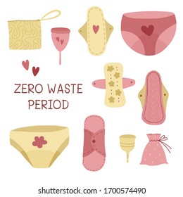 Período de basura cero. Productos ecológicos de época menstrual. Ilustración vectorial.
