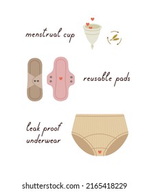 Zero waste period eco-friendly products with hand lettering. Reusable female menstrual pads, menstrual cup, leak-proof underwear. Ecological lifestyle colored flat vector illustration. 