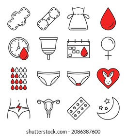 Zero Waste Period Icon Set Vector Isolated. Menstrual Cup, Reusable Pad, Panties. Monthly Calendar, Pain Belly And Pills Pictograms.