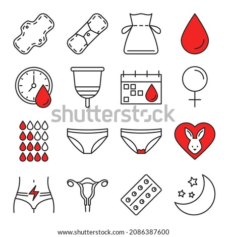 Zero waste period icon set vector isolated. Menstrual cup, reusable pad, panties. Monthly calendar, pain belly and pills pictograms.