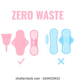 Zero waste periods kit isolated on white background. Reusable sanitary pads and menstrual cup against tampon and sanitary napkins. Vector flat design cartoon styly illustration. Eco friendly concept.