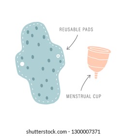 Zero waste periods kit. Menstrual cup and reusable pad. Vector illustration