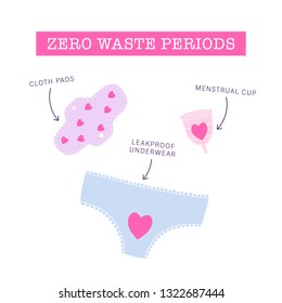 Zero waste periods kit. Reusable eco friendly items. Vector illustration
