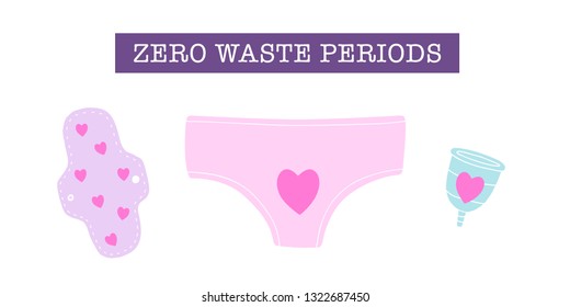 Zero waste periods. Reusable menstruation cup, pads, underwear. Vector hand drawn illustration.