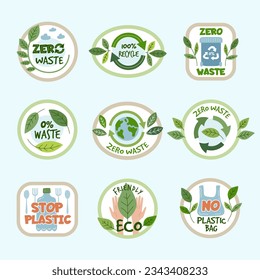 Zero waste. Plastic free eco logo and badges trendy nature templates wasteful packages recent vector set with place for text
