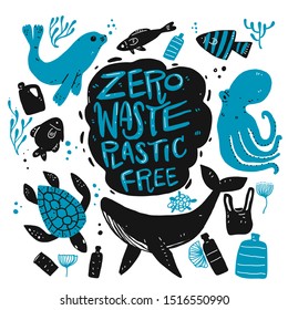 Zero waste Plastic free, hand drawing silhouette doodle style.