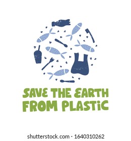 Zero waste and plastic free slogan. Stop plastic pollution campaign. Waste contamination and water pollution poster design template. Disposable garbage bottle, bag and sea, ocean animals.