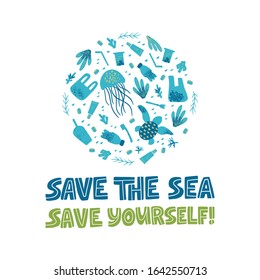 Zero waste and plastic free slogan. Stop plastic pollution campaign. Waste contamination and water pollution poster design template. Disposable garbage and sea, ocean animals turtle, jellyfish.