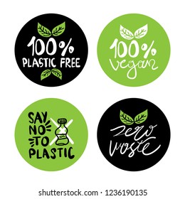 Zero waste, plastic free, vegan, natural, organic products stickers, labels set collection / Eco friendly concept design element