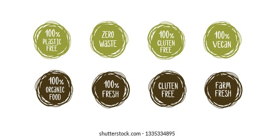 Zero waste, plastic free, vegan, natural, organic products stickers, labels set collection. Eco friendly concept design element. Vector illustration