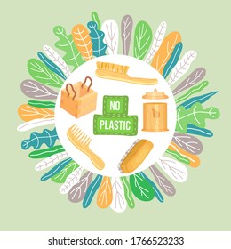Zero waste poster. Eco concept, no trash life. Set of durable and reusable products or things - wooden jars, bags for eco groceries, wooden crafts. Eco style save the planet, use safe packaging