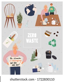 Zero waste poster. International climate day. Set of vector flat illustrations about climate change, waste sorting and zero waste lifestyle.