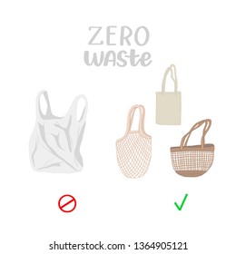 Zero waste poster, isolated illustration, plastic bag and eco cotton bag on white background 