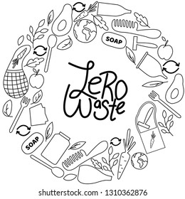 Zero waste poster with lettering. Vector illustration. Eco items with a sign.