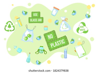 Zero waste poster. Use glass jars inscription. Vector illustration with glass jars and textile bags. Ecological concept against plastic, reuse of containers, save the planet and the environment