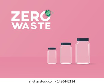 Zero waste poster vector template with three glass jars for food ingredients and symbol. Realistic 3d concept for reusable grocery shopping. Eps10 illustration.