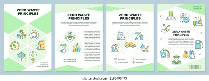 Zero waste principles green brochure template. Eco friendly. Leaflet design with linear icons. Editable 4 vector layouts for presentation, annual reports. Arial-Black, Myriad Pro-Regular fonts used