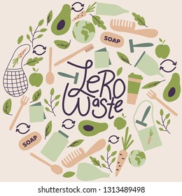 Zero waste print with lettering. Vector set of ecostyle items.