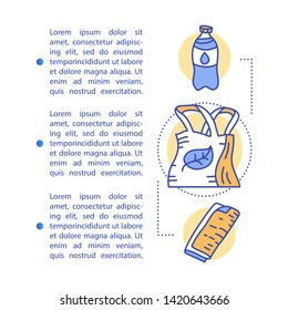 Zero waste products article page vector template. Brochure, magazine, booklet design element with linear icons and text boxes. Waste management. Print design. Concept illustrations with text space