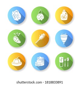 Zero waste products flat design long shadow glyph icons set. Sustainable and environmentally safe lifestyle. Eco food, cosmetics and hygiene products Silhouette RGB color illustrations