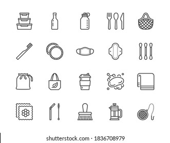 Zero waste products flat line icons set. Reusable bottle, wooden cutlery, metal straw, period pad, face mask vector illustration. Outline signs of sustainable lifestyle. Pixel perfect. Editable Stroke