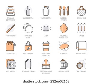 Zero waste products flat line icons set. Reusable bottle, wooden cutlery, metal straw, period pad, face mask vector illustration. Outline signs of sustainable lifestyle. Orange Color. Editable Stroke