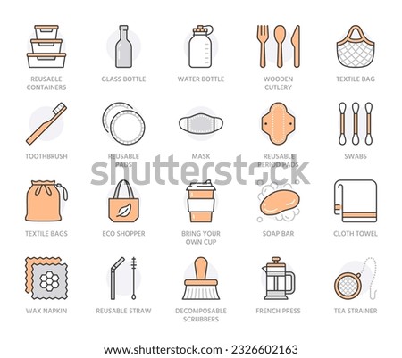 Zero waste products flat line icons set. Reusable bottle, wooden cutlery, metal straw, period pad, face mask vector illustration. Outline signs of sustainable lifestyle. Orange Color. Editable Stroke