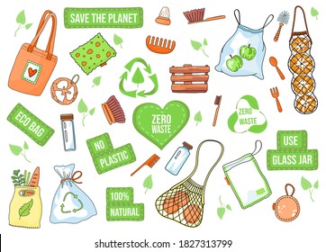 Zero waste products and lettering. Eco concept use safe packaging. Set of durable and reusable products or things - glass jars, bags for eco groceries, wooden crafts. Eco style save the planet