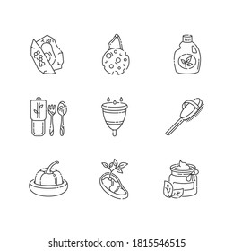 Zero waste products linear icons set. Sustainable lifestyle customizable thin line contour symbols. Eco food, cosmetics and hygiene products isolated vector outline illustrations. Editable stroke