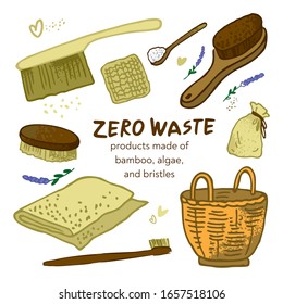 Zero waste products made of bamboo, algae, and bristles. Symbols of eco-friendly and conscious consumption. The concept of environmental protection and green thinking. Cartoon vector illustration.