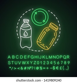 Zero waste products, recycling and reusing items neon light concept icon. Recyclable goods. Eco friendly lifestyle idea. Glowing sign with alphabet, numbers and symbols. Vector isolated illustration