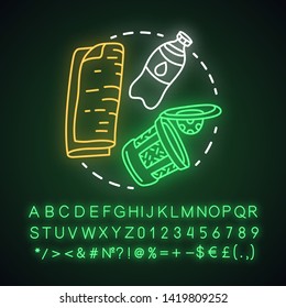 Zero waste products, recycling and reusing items neon light concept icon. Recyclable goods. Waste management idea. Glowing sign with alphabet, numbers and symbols. Vector isolated illustration