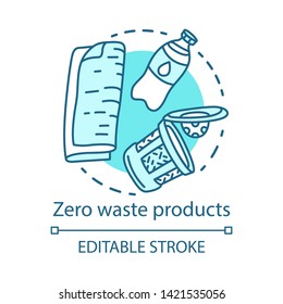 Zero waste products, recycling and reusing items concept icon. Recyclables, plastic free goods. Waste management idea thin line illustration. Vector isolated outline drawing. Editable stroke