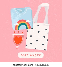 Zero waste products. T-shirt with cool rainbow print, eco shopping bag and menstrual cup. Hand drawn vector trendy feminine illustration