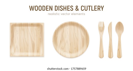 Zero waste realistic ecological wooden kitchen set with square dish round plate and cutlery vector illustration  