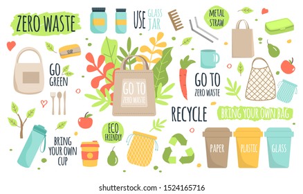 Zero waste recycle ecology protection vector illustration. Go green, eco style, no plastic, save the planet. Durable and reusable items or products - glass jars, eco grocery bags, thermo mug.