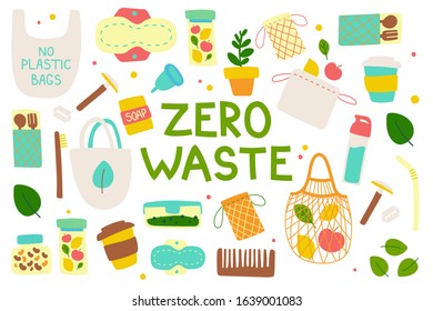 Zero waste recycle hand drawn elements: glass jars, toothbrush, safety razor, menstrual cup, shopping bag with lettering. Go green, eco style, no plastic, save the planet concept. Vector illustration