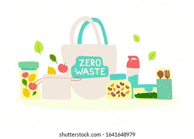 Zero waste recycle hand drawn elements: glass jars, lunch box, water bottle, shopping bag. Go green, eco style, no plastic, save the planet concept. Vector illustration