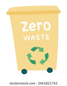 Cero residuos y reciclaje en diseño plano. Basurero con señales ecológicas. Ilustración vectorial aislada.