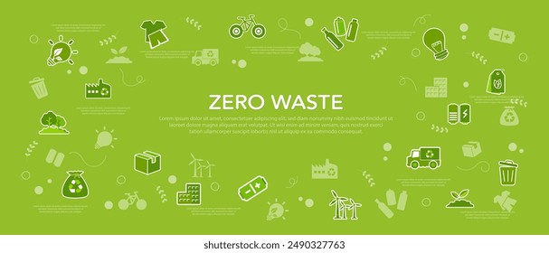 Zero waste with recycling symbols. Ecological concept. ecological to recycle and reuse, reuse, reduce, recycle. icon on green background and green energy banner