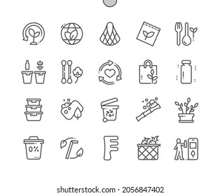 Null Abfall. Verdünnen, reduzieren, wiederverwenden, recyceln, faulen. Kein Kunststoff und grün. Bambuszahnbürste, Holzbesteck und umweltfreundliche Tasche. Pixel Perfect Vector Thin Line Icons. Einfaches Minimal-Piktogramm