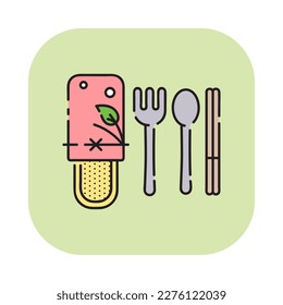 Zero waste reusable cutlery icon. Eco friendly cartoon utensils - fork, spoon and chopsticks. 